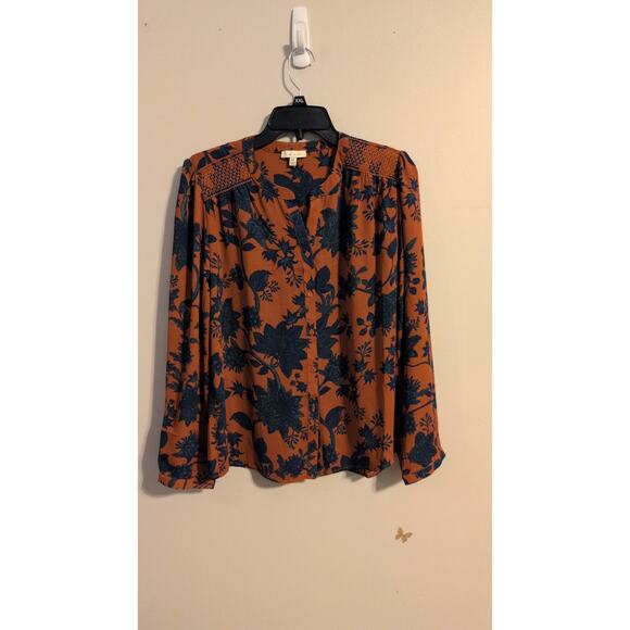 Alex & Lili Orange & Blue Floral/Leaf Print Long-Sleeve Blouse Size M - Picture 2 of 4